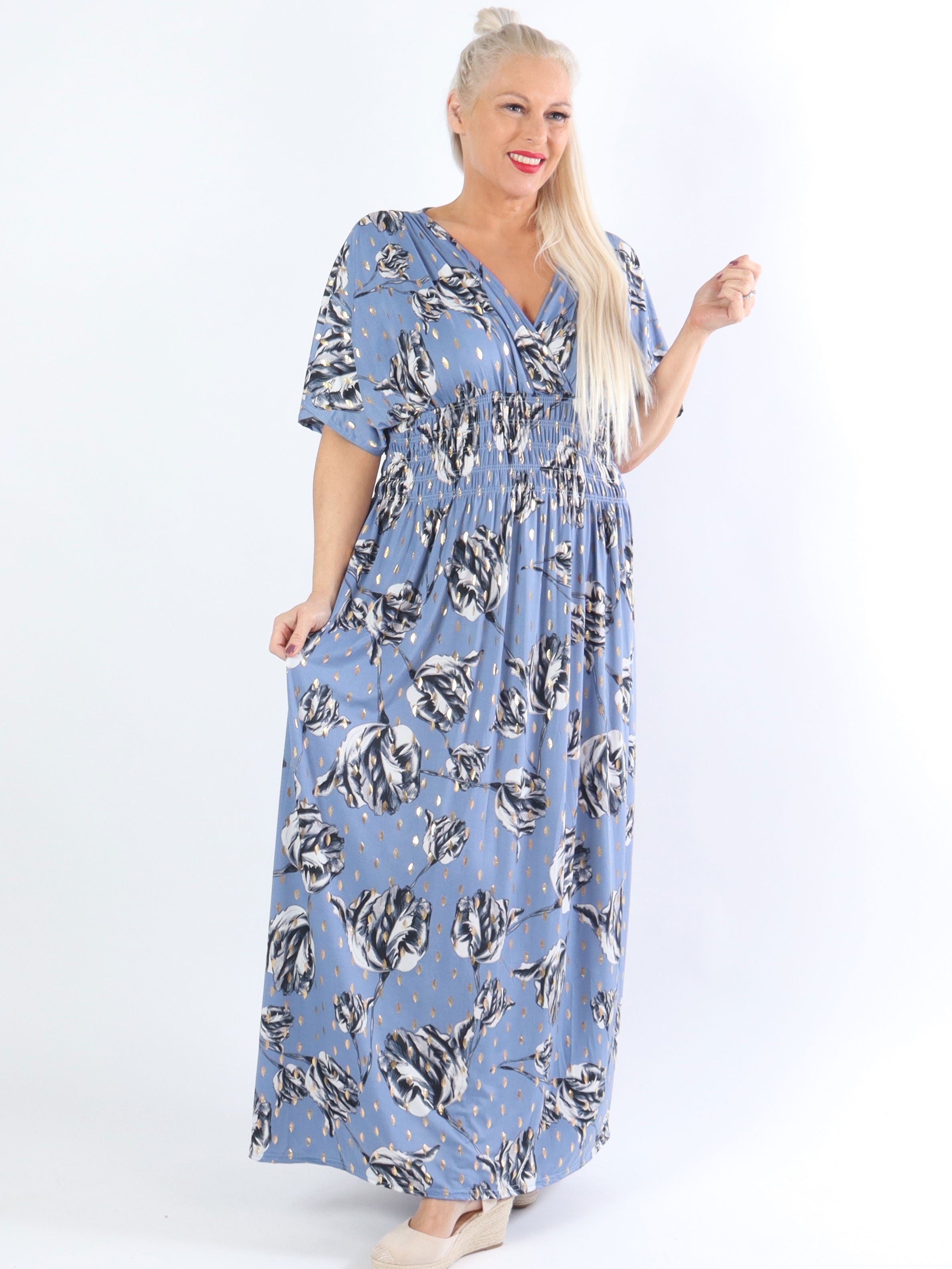 Pams Rose - Lang elastisk plus size kjole i krølfrit stof